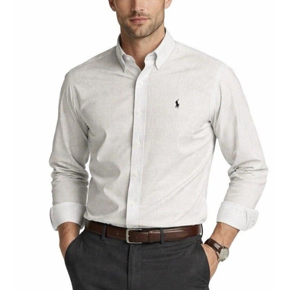 Polo Ralph Lauren Men’s White Black Grid Check LS Classic Dress Shirt Size XXL
